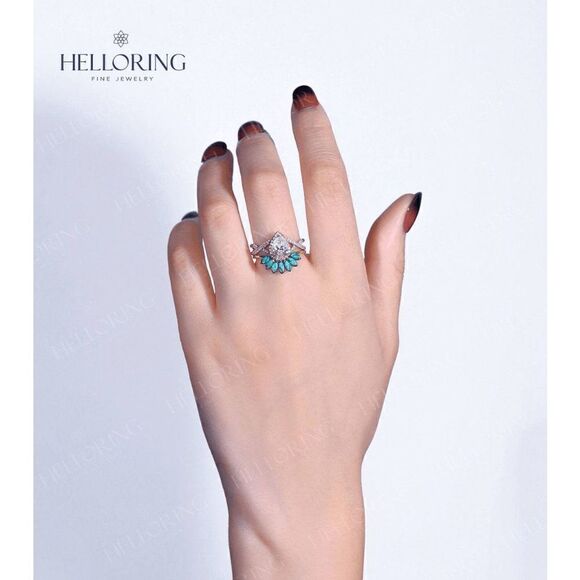 DIAMOND PEAR MOISSANITE TWISTED  WEDDING ENGAGEMENT RING/GUARD - Picture 3 of 5